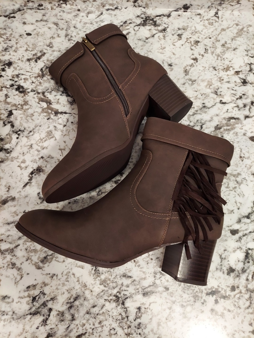 comfortview Brown Fringe Ankle Booties with Stacked Heel